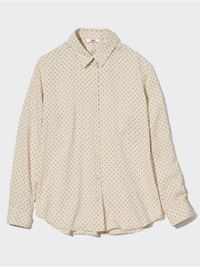 UNIQLO ✨ Women’s Rayon Printed Long-Sleeve Blouse Beige Black Polka dot XS